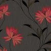 Vinyltapete ATLANTA - rot-schwarz - Blumen - 10 Meter