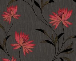 Vinyltapete ATLANTA - rot-schwarz - Blumen - 10 Meter
