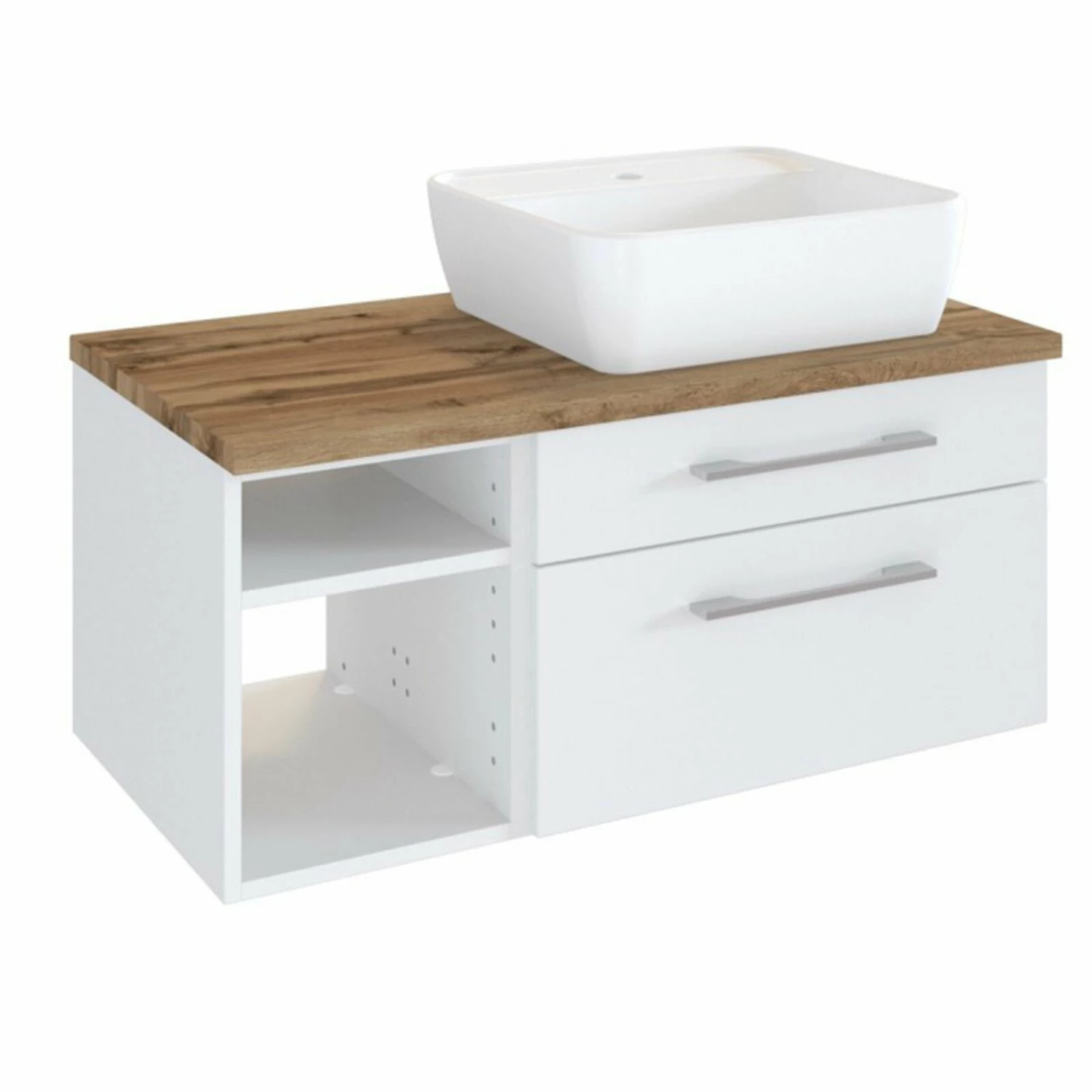 Waschtisch DAVOS - Becken rechts - weiß - Wotaneiche - 90 cm breit 1 Waschtisch DAVOS - Becken rechts - weiß - Wotaneiche - 90 cm breit