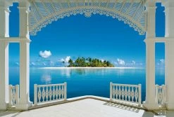 Fototapete DESIGNWALLS 2.0 - weiß-türkis - Fensterblick - 2,6 Meter